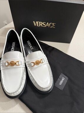 BNIB Versace White Leather Loafers with Gold Medusa Hardware
